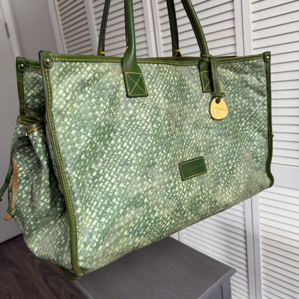 Vintage Dooney & Bourke XL Tote Bag Green Leather Canvas Large Shopper - Picture 9 of 16